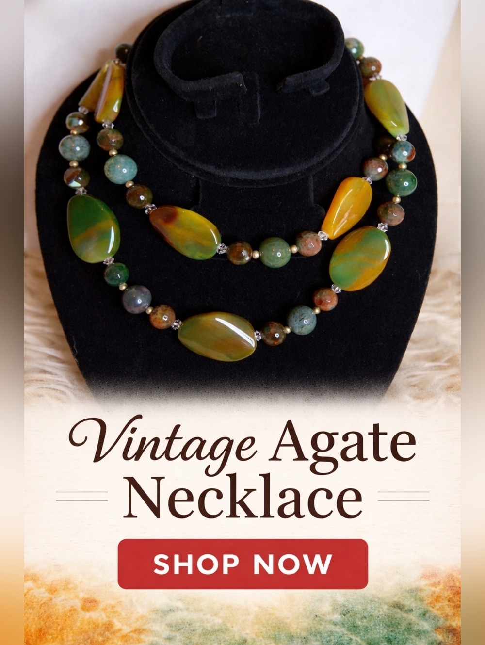 Vintage Polished Agate Autumnal Tones Single Strand Necklace